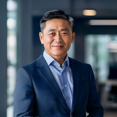 91淫母创始人李维的职业形象照，穿着深蓝色商务休闲装，面带自信笑容，背景为现代化办公室，气质沉稳专业